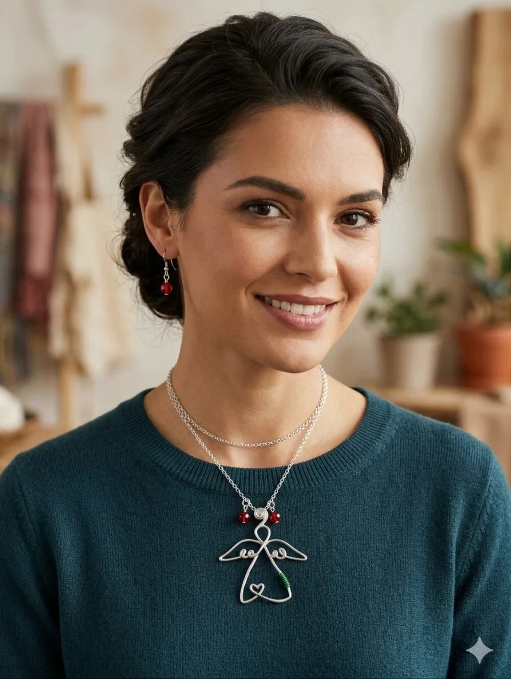 Minimalist Wire Art Angel Heart Jewelry Set with Matching Drop Earrings